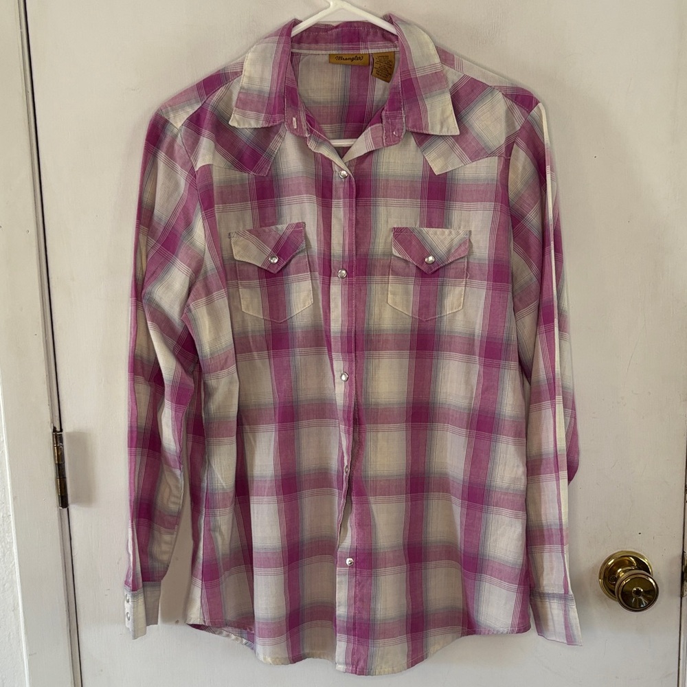 Wrangler purple grey white plaid long sleeve button down western shirt Size L